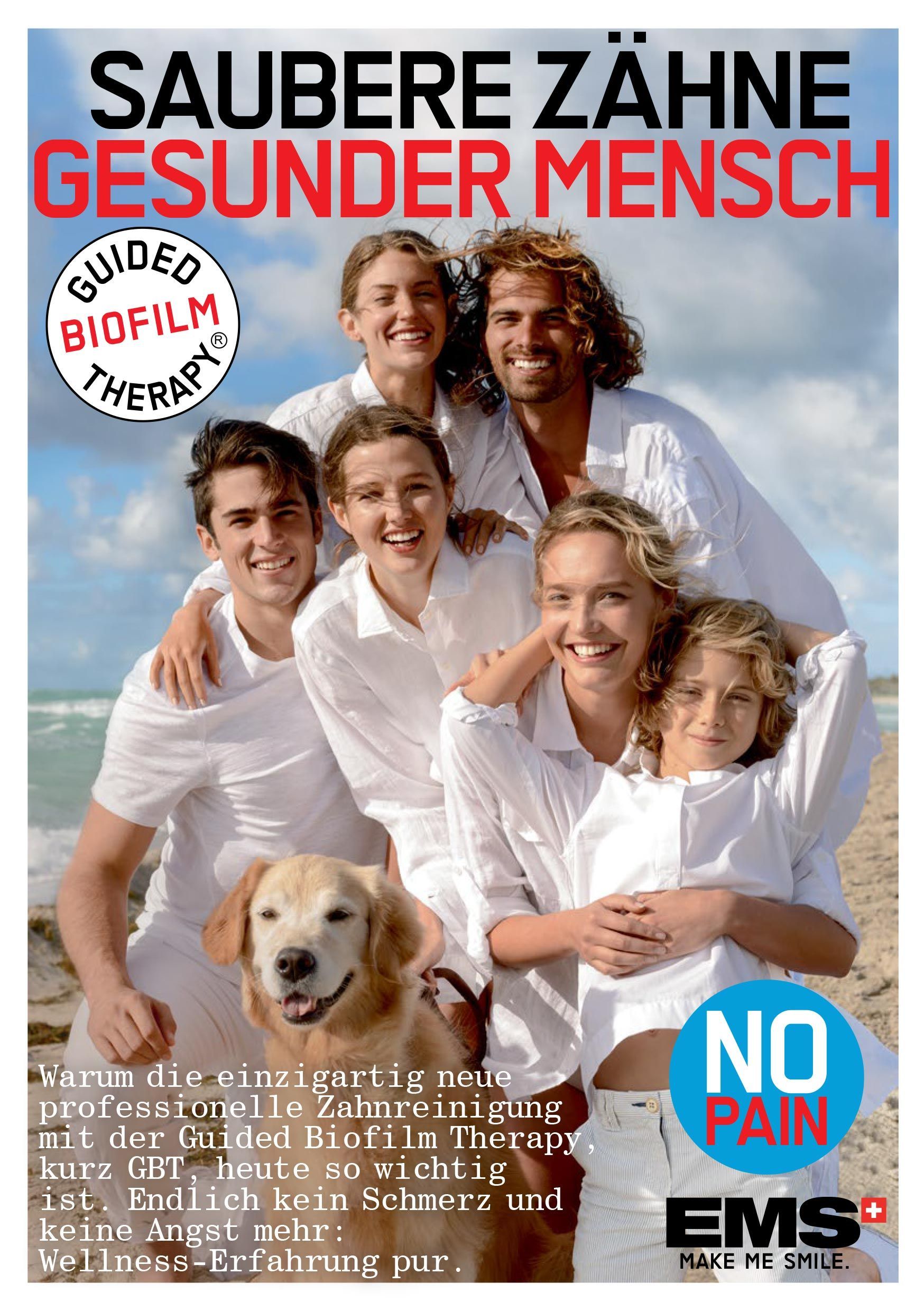 eine Gruppe von Menschen posiert mit einem Hund auf einem Flyer mit der Aufschrift saubere Zähne gesunder Mensch