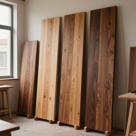 Varias tablas de madera apoyadas contra una pared en una habitación luminosa con una ventana.