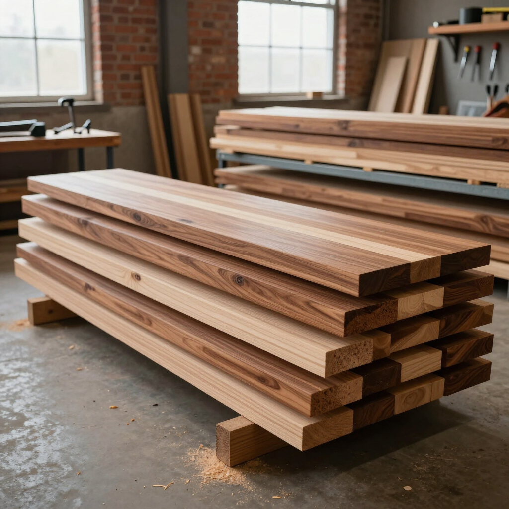 Tablones de madera apilados en un taller con serrín en el suelo y madera al fondo.