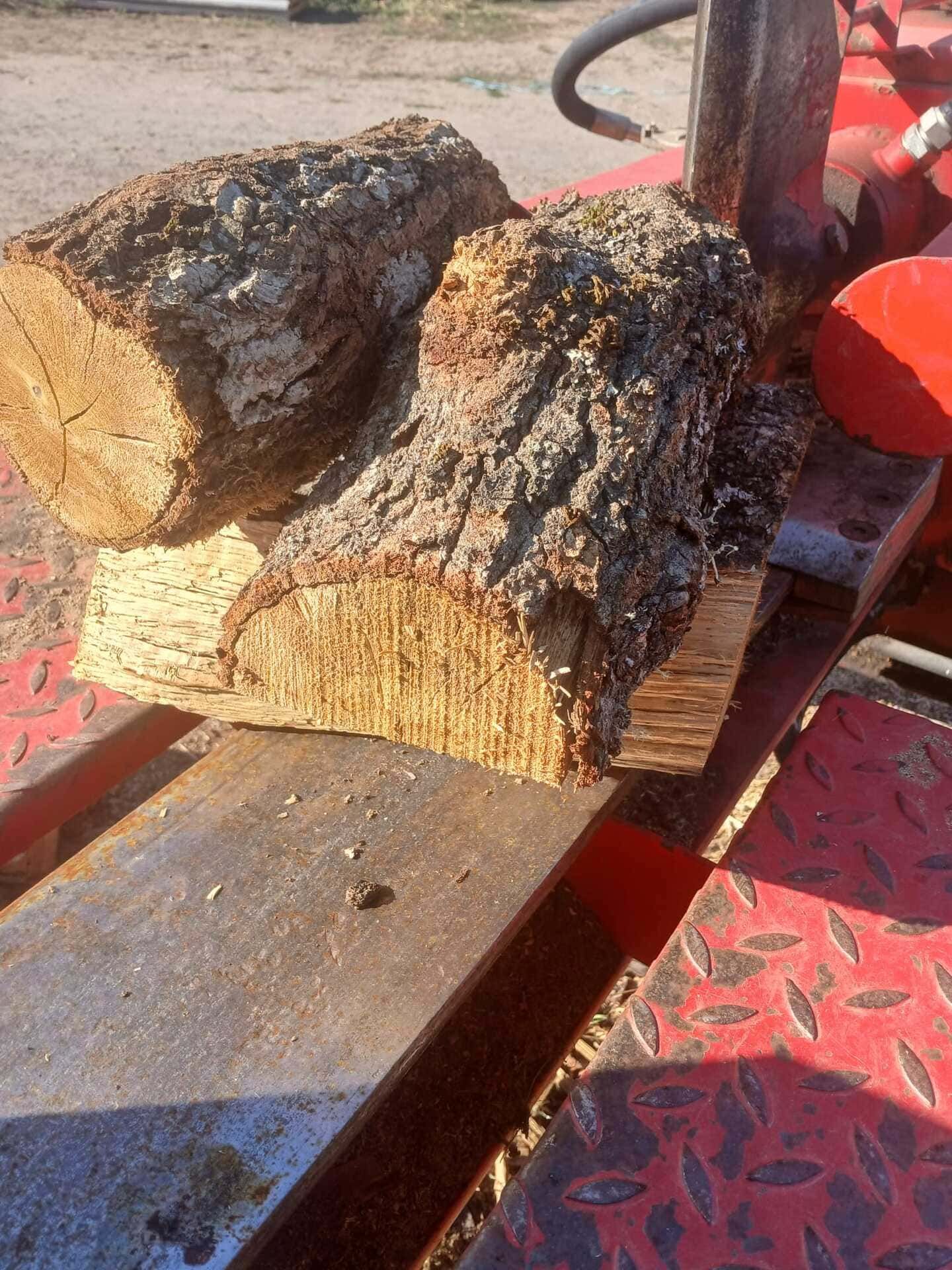 Dos troncos cortados en bruto sobre una rajadora de leña roja, con una cuña de metal y astillas de madera visibles.