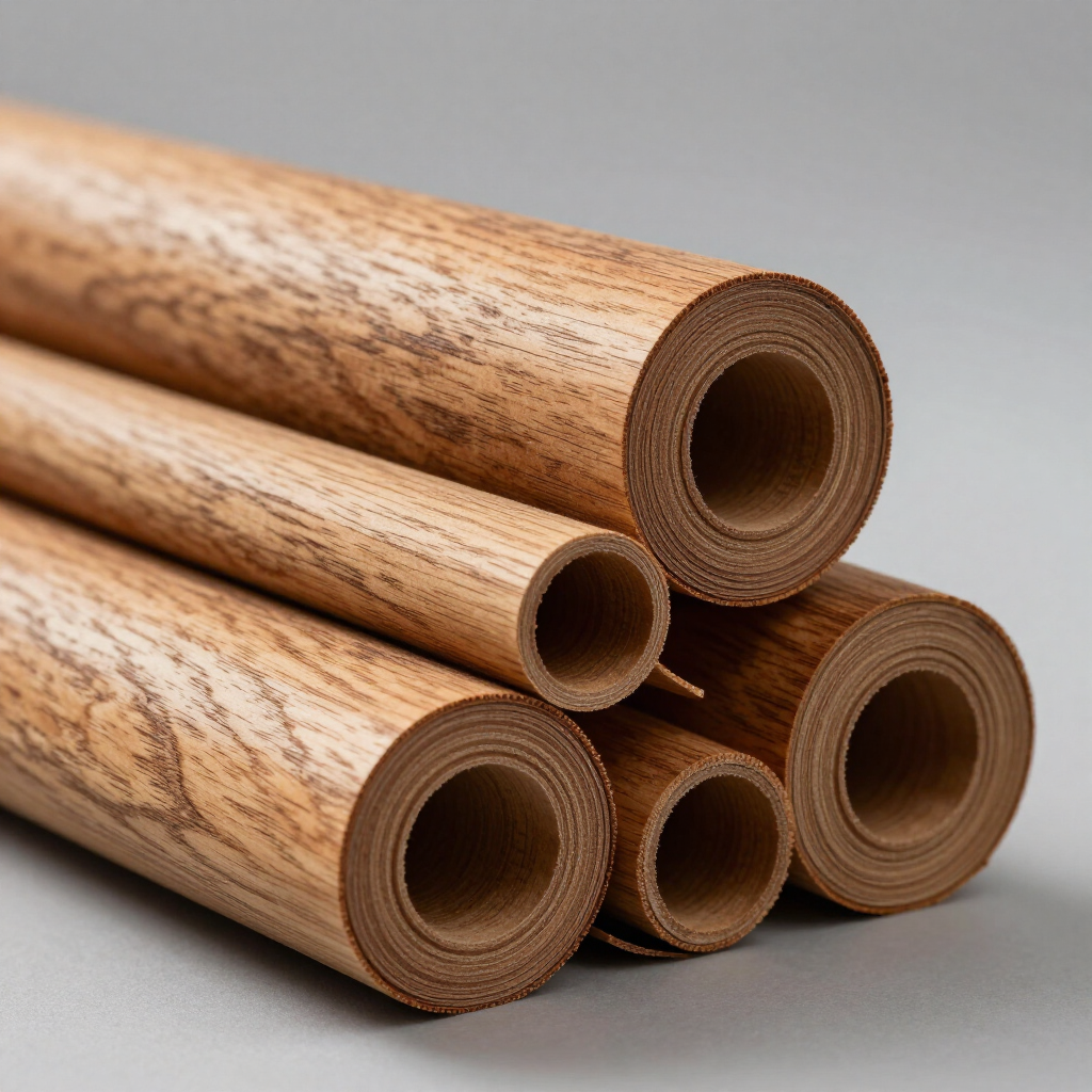 Esterillas de bambú enrolladas apiladas con un estampado de madera natural sobre un fondo gris claro.