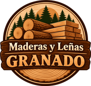 Logo circular de madera con troncos y pinos; texto “Maderas y Leñas GRANADO” en tonos marrón y naranja.
