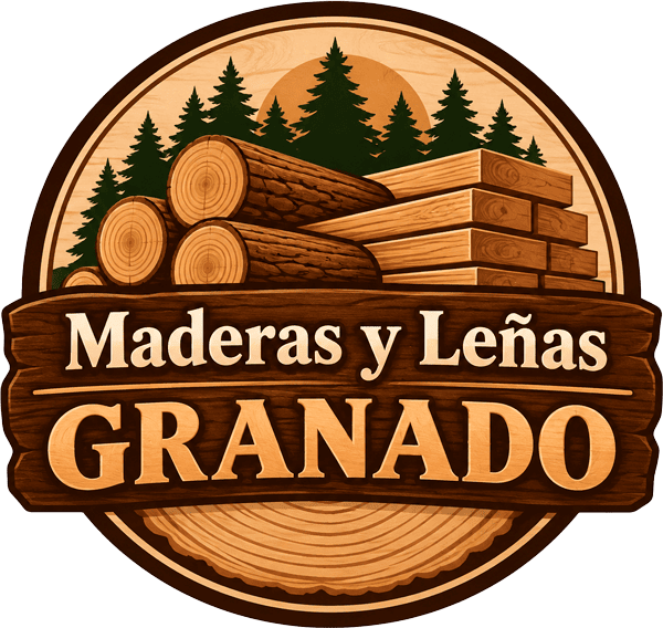 Logo circular de madera con troncos y pinos; texto “Maderas y Leñas GRANADO” en tonos marrón y naranja.