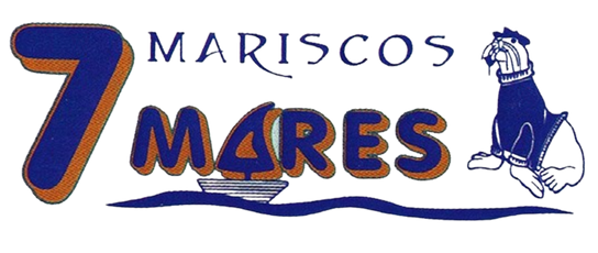 Un logotipo azul y naranja para Mariscos 7 Mares