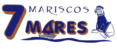 Un logotipo azul y naranja para Mariscos 7 Mares