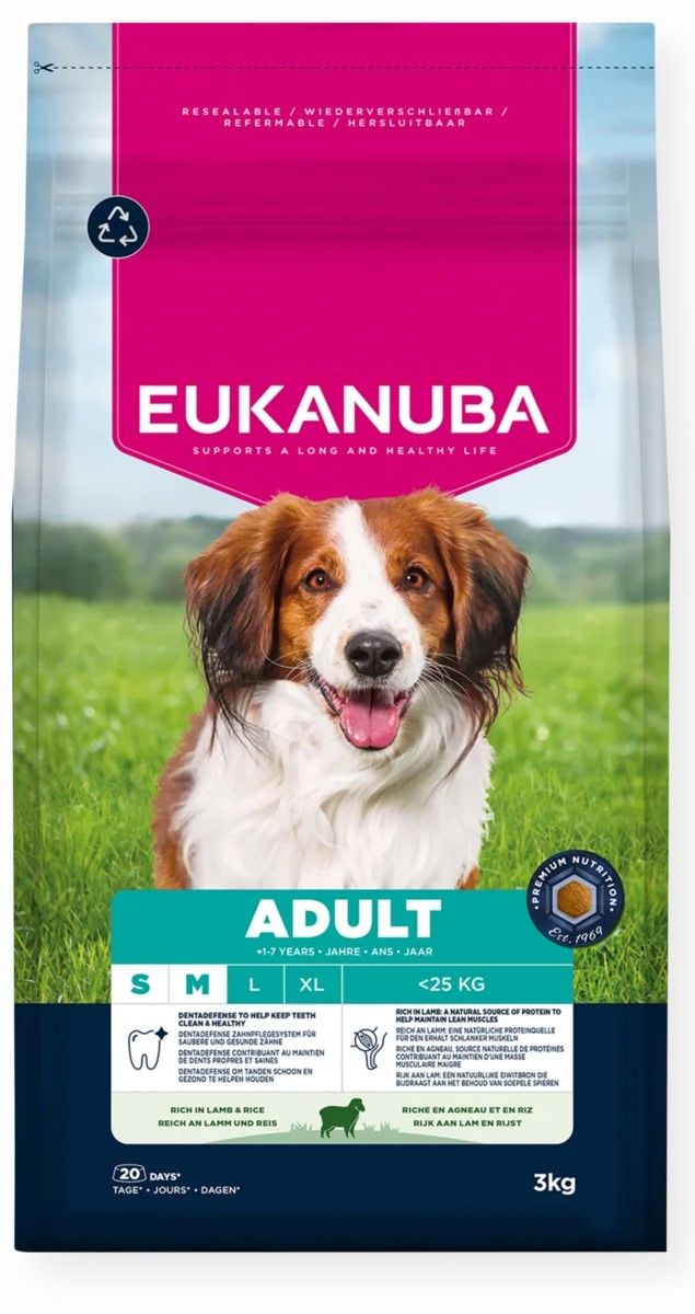 Koiranruokapussi: Eukanuba-merkkinen pussi, jossa on hymyilevä koira edessä ja tekstitiedot.