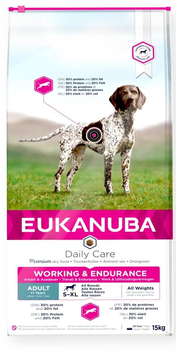 Koiranruokapussi, jossa on täplikäs koira vihreällä ruohikolla. Tekstissä lukee 