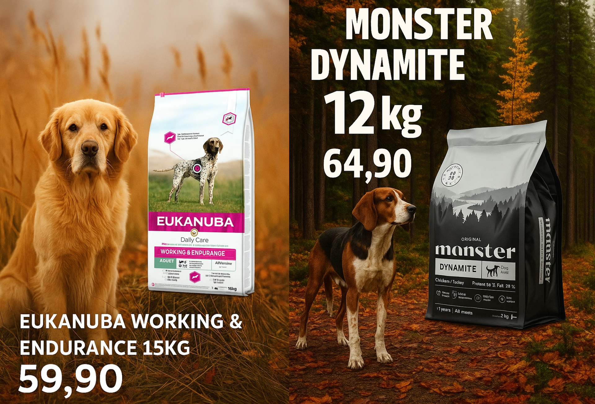 Kaksi koiranruokapussia, kultainennoutaja ja beagle. Mukana Eukanuba- ja Monster Dynamite -merkkejä.