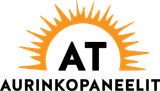 AT Aurinkopaneelien logo, jossa oranssit auringons&auml;teet mustan tekstin yl&auml;puolella valkoisella taustalla