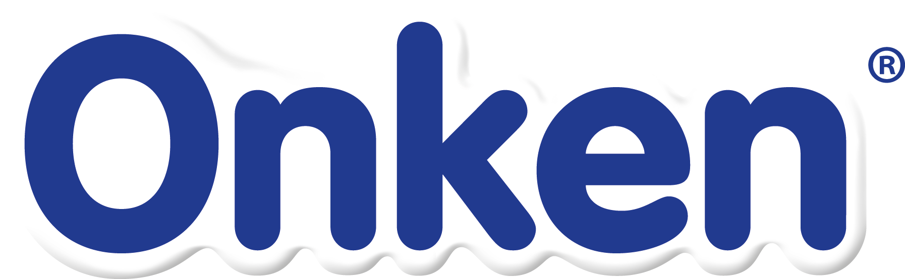 Blaues „Onken“-Logo mit wellenförmiger weißer Umrandung und einem Symbol für eine eingetragene Marke.