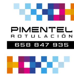 Logotipo para Pimentel Rotulación con diseño pixelado en varios colores y número de teléfono.