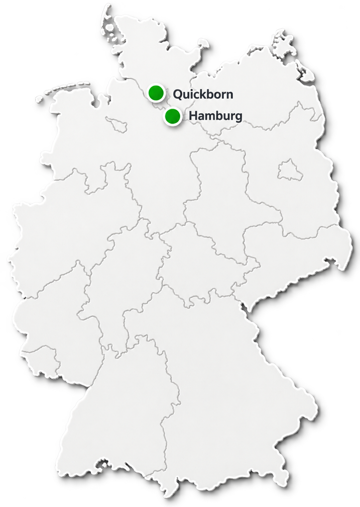 Karte von Deutschland mit grünen Markierungen für Quickborn und Hamburg im Norden.