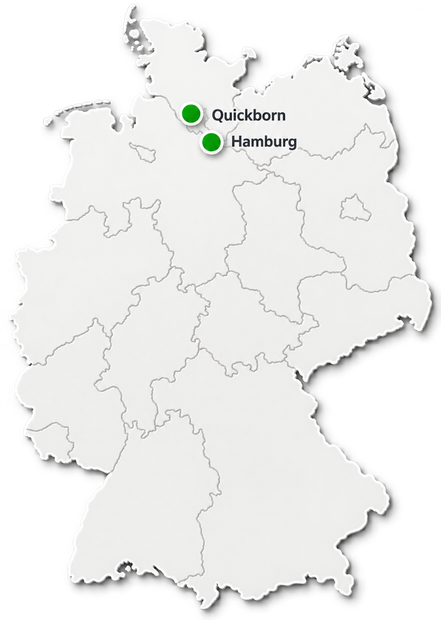 Karte von Deutschland mit grünen Markierungen für Quickborn und Hamburg im Norden.