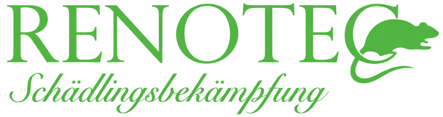 Grünes RENOTEC-Logo mit dem Wort „Schädlingsbekämpfung“ und einem stilisierten Schädlingssymbol