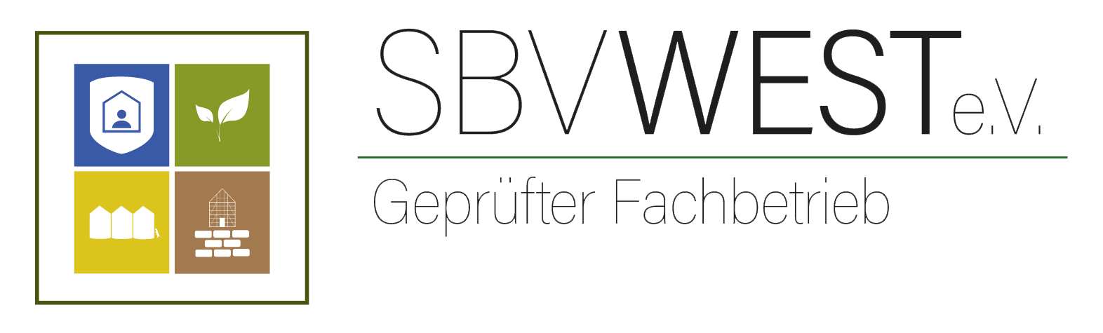 SBVWEST e.V.-Logo mit vier farbigen quadratischen Symbolen und dem Text „Sozialer Fachbetrieb“