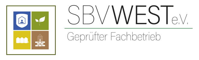 SBVWEST e.V.-Logo mit vier farbigen quadratischen Symbolen und dem Text „Sozialer Fachbetrieb“