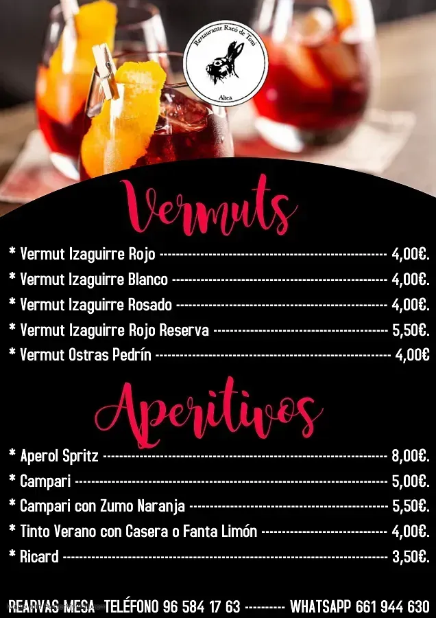Se muestra un menú de vermuts y aperitivos.