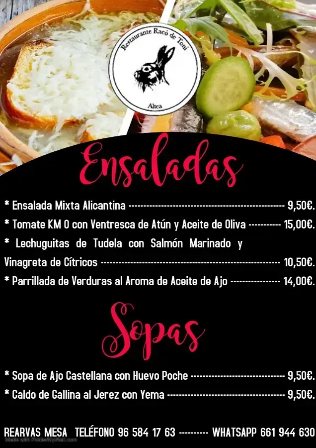 Un menú para un restaurante llamado ensaladas y sopas