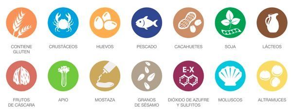 Un montón de diferentes tipos de iconos de comida sobre un fondo blanco.