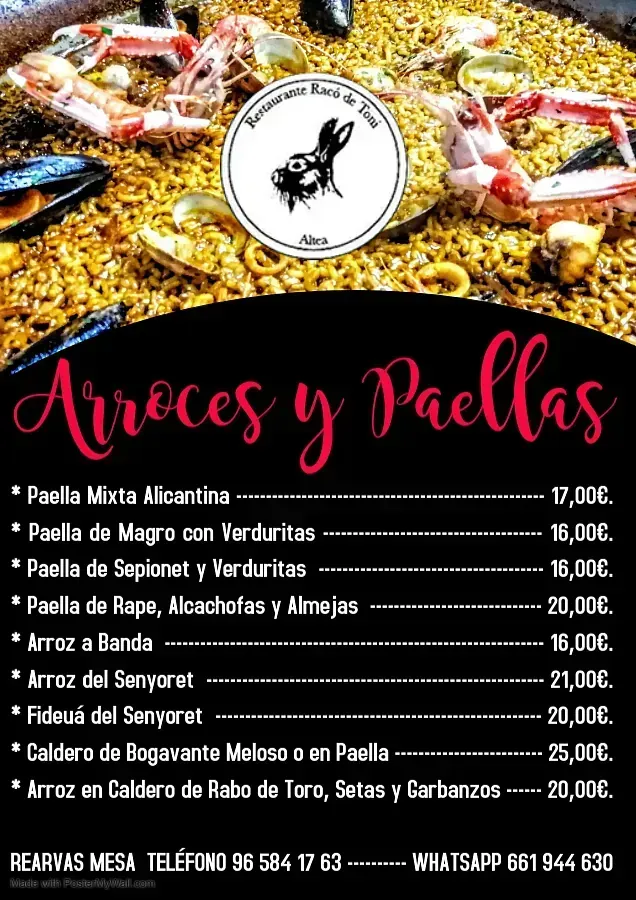 Un menú de arroces y paellas con una imagen de una sartén con comida.