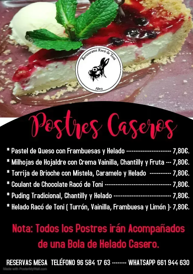 Un anuncio de postres caseros con la imagen de un pastel.