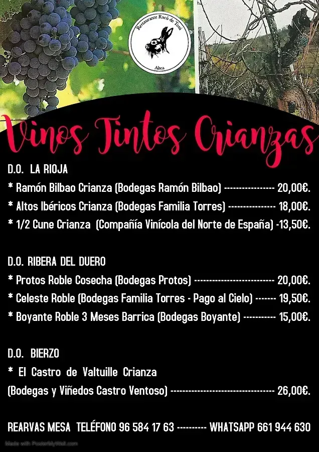 Un cartel que dice 'vines tintes crianzas'