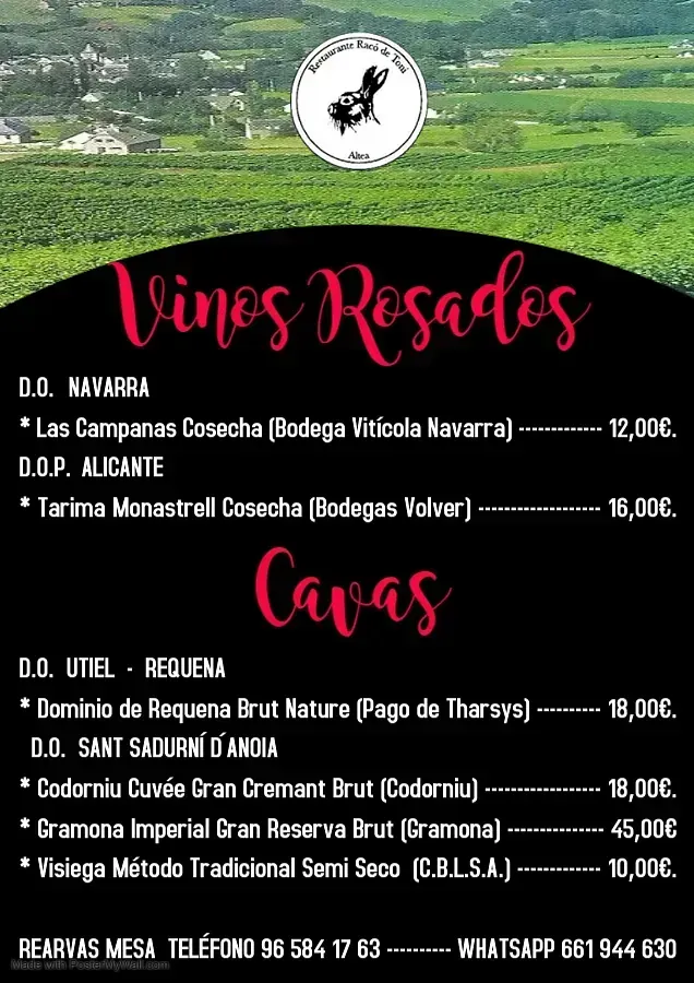 Un cartel de vinos rosados ​​y cavas en español.