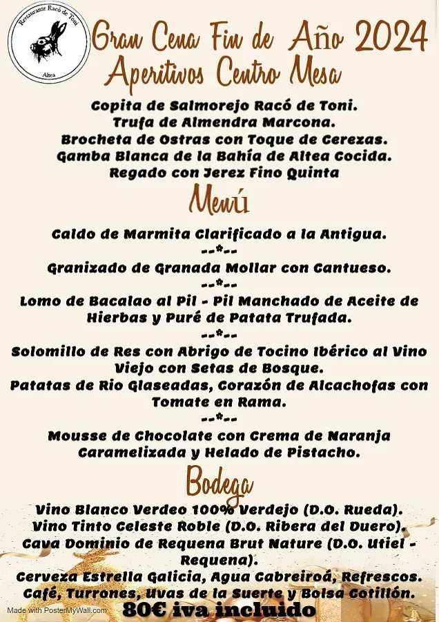 A menu for gran cena fin de ano 2024 aperitivos centro mesa