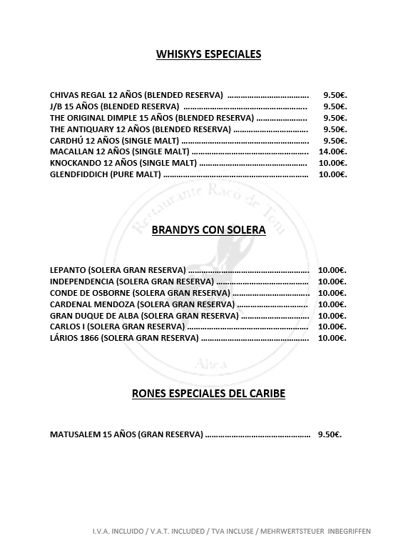 Un menú para un restaurante en español con lista de precios.