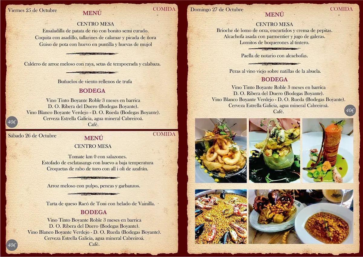 Un menú para un restaurante con fotos de comida.