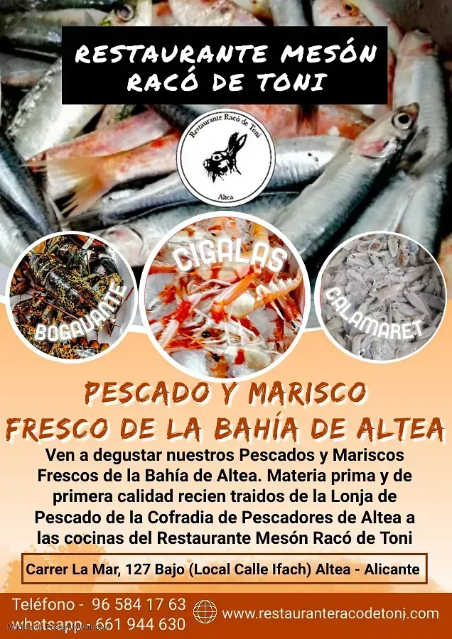 A restaurant advertisement for pescado y marisco fresco de la bahia de altea.