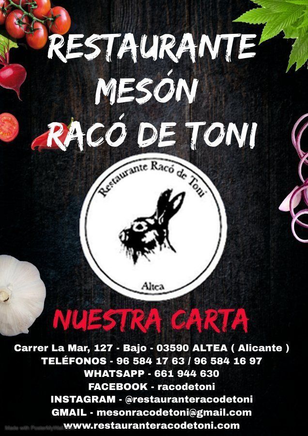 Un menú para un restaurante llamado restaurante meson raco de toni
