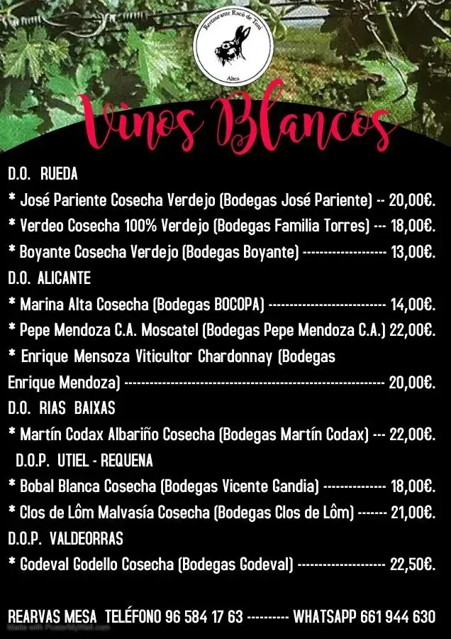 Un cartel con una carta de vinos en español.