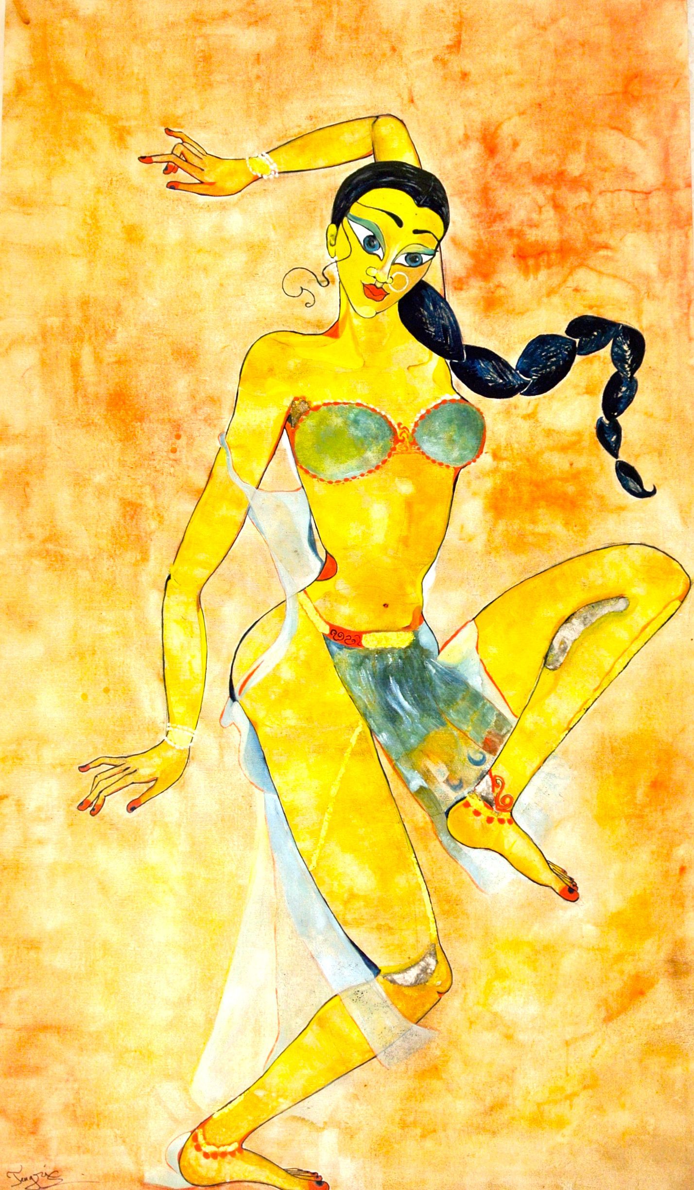 Un cuadro de una mujer en bikini amarillo bailando.