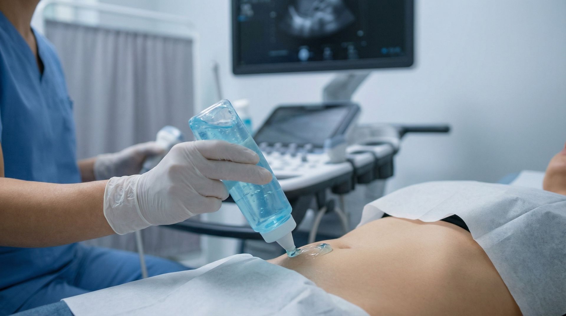 Un clinicien portant des gants applique du gel d'échographie bleu sur l'abdomen d'un patient lors d'un examen d'imagerie médicale.