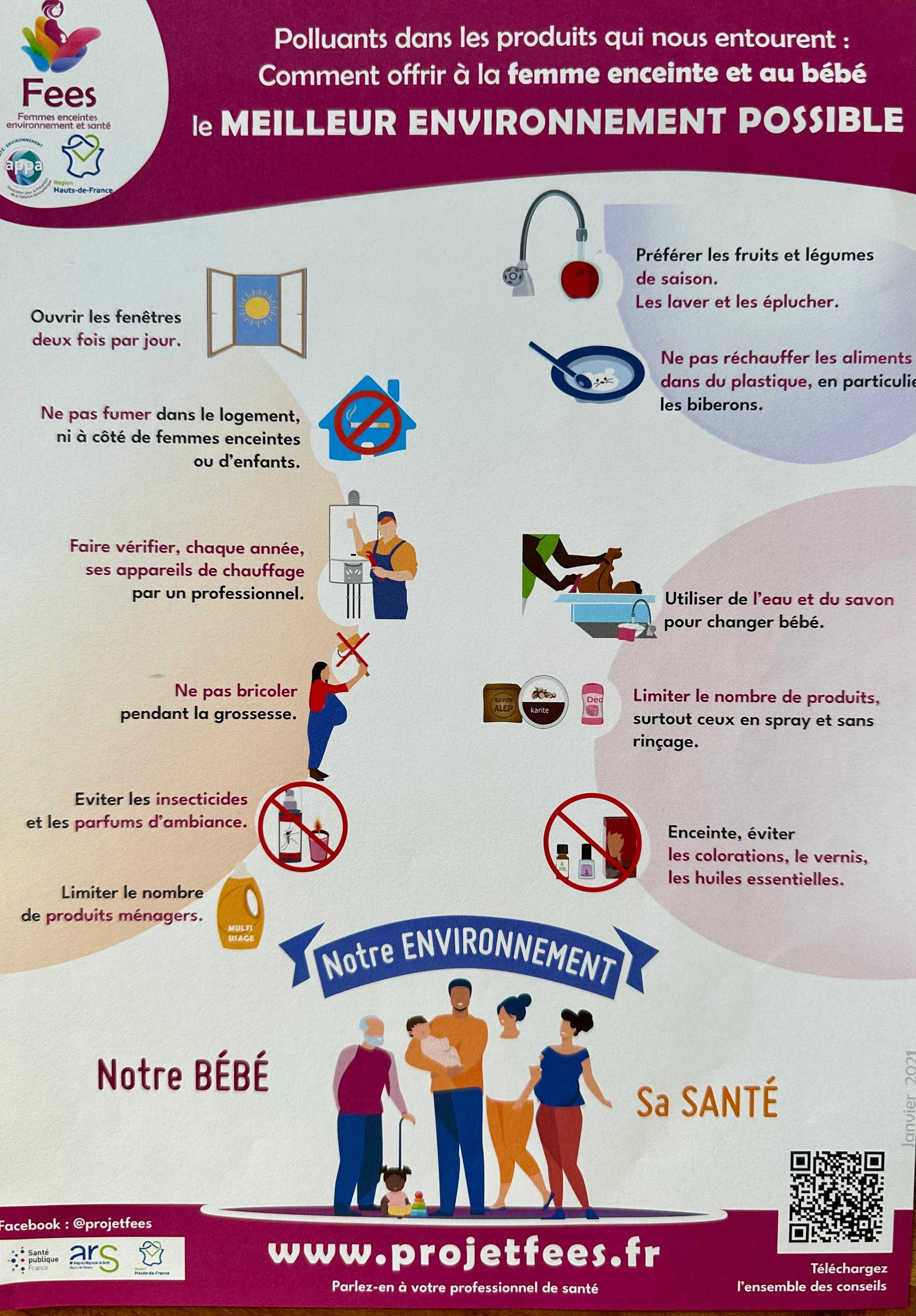 Une infographie présentant des conseils pour réduire l'exposition aux polluants chez les femmes enceintes et les bébés, avec des icônes et une illustration familiale.