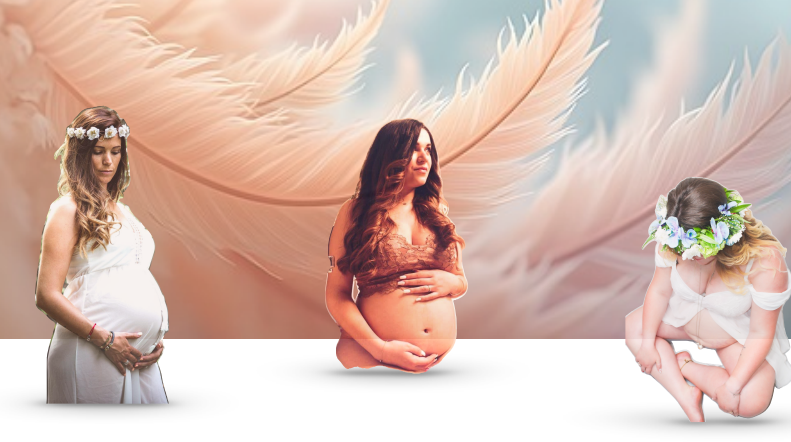 Trois silhouettes de femmes enceintes posant devant un fond de grandes plumes douces couleur p&ecirc;che.