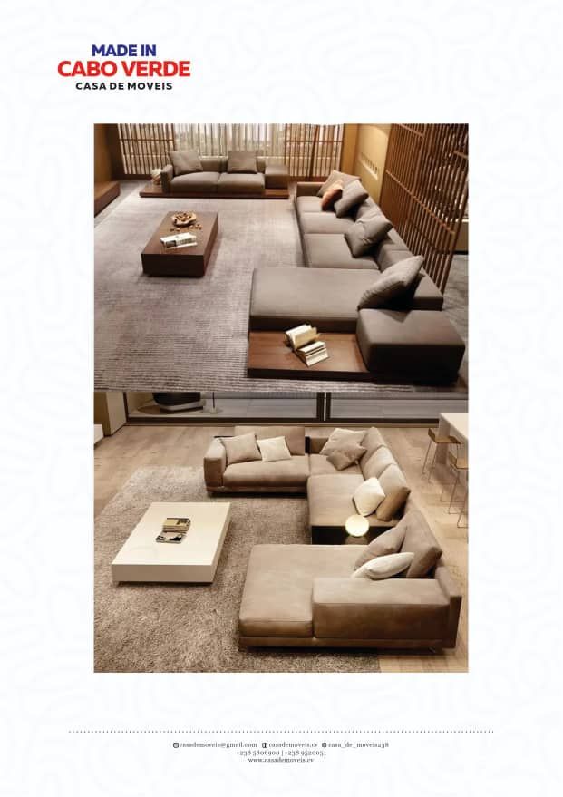 Um folheto promocional para móveis Cabo Verde apresentando duas configurações diferentes de sala de estar