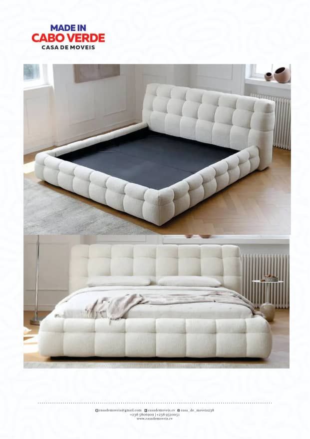 Anúncio publicitário mostrando duas vistas de uma cama baixa, estofada e com capitonê, na cor branca