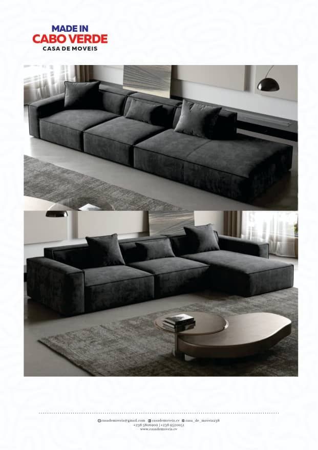 Duas vistas de um sofá modular moderno em tom cinza escuro