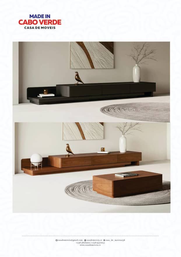 Duas fotos que mostram consoles de mídia modernos e minimalistas