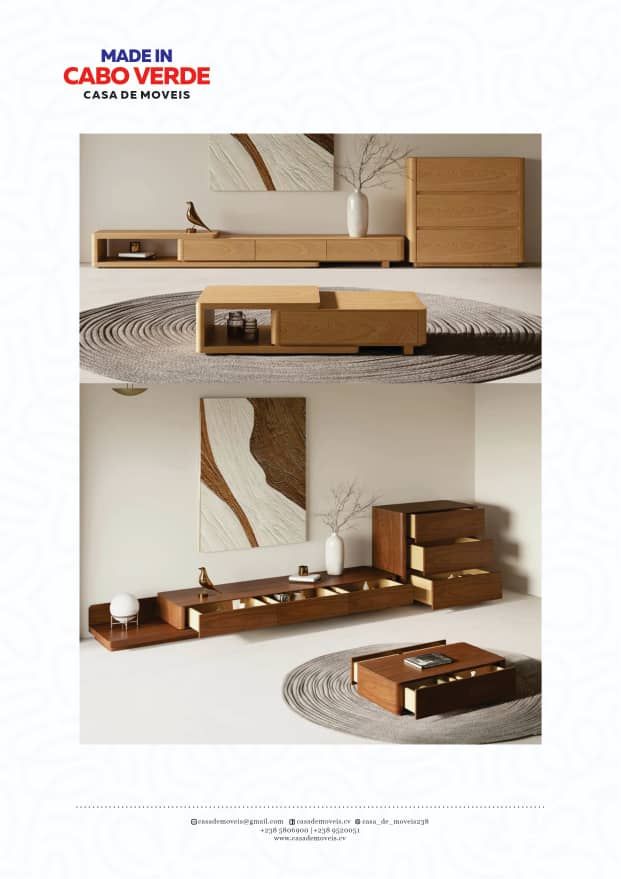 Um anúncio que mostra conjuntos de móveis de madeira clara e escura, incluindo suportes para TV, mesas de centro e cômodas.