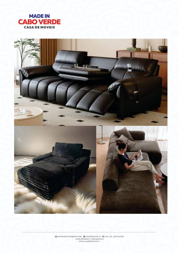 Um cartaz promocional com três imagens de sofás modernos de couro preto