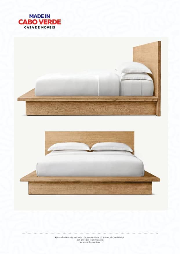 Duas vistas laterais e frontais de uma cama de plataforma moderna em madeira clara, com colchão e travesseiros brancos.