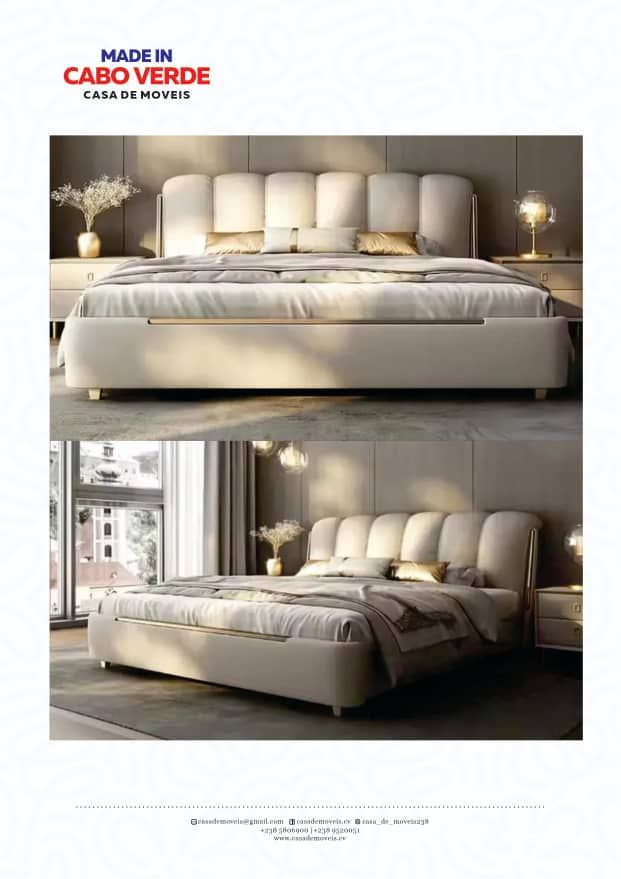 Duas vistas de uma cama de plataforma moderna, estofada em tom creme, com cabeceira capitonê em um quarto minimalista.