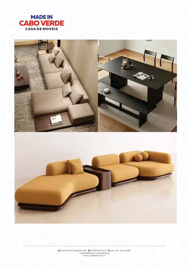 Imagem promocional de móveis modernos e minimalistas de Cabo Verde, incluindo sofás, mesa de jantar e bancos.