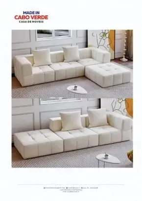 Duas cenas de interiores de sala de estar apresentando um grande sofá modular branco e um sofá de couro escuro.