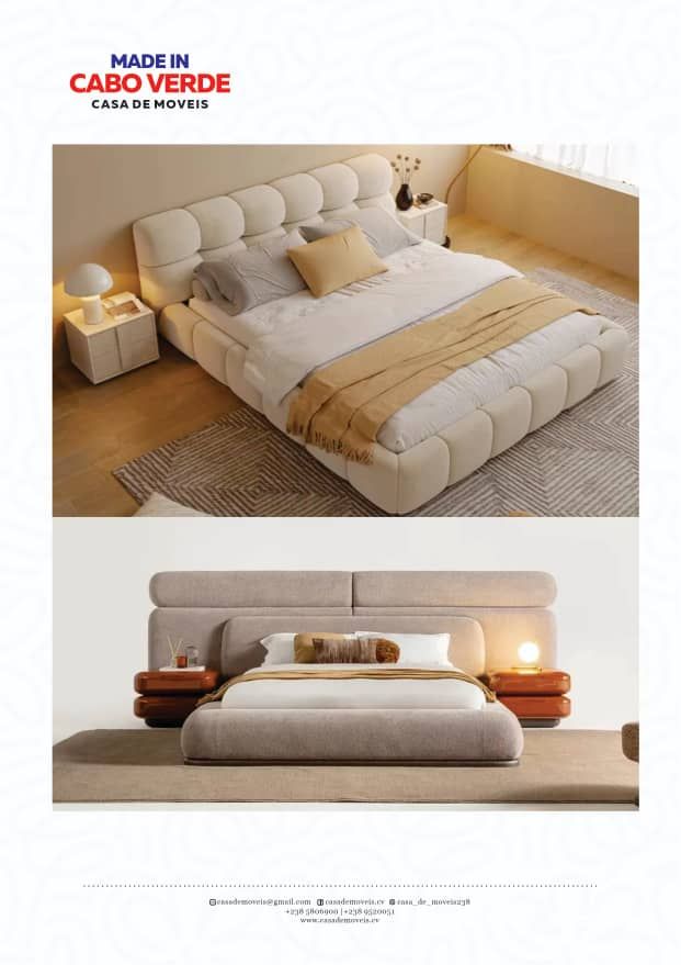 Duas vistas de uma cama moderna estofada em bege com mesas de cabeceira combinando em um quarto minimalista em tons neutros.