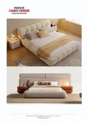 Duas fotos de uma cama de plataforma moderna e estofada em um quarto neutro e minimalista.