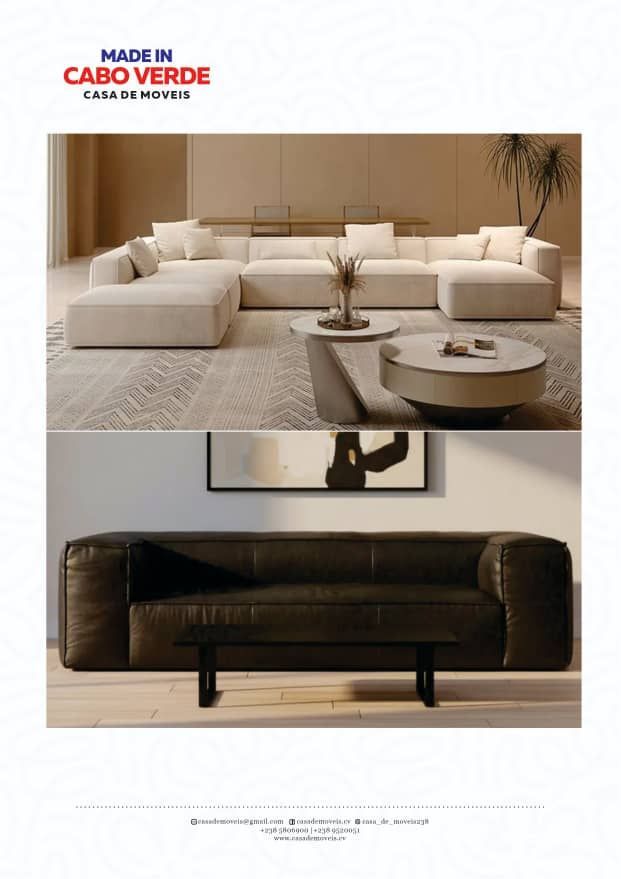 Anúncio de móveis cabo-verdianos, mostrando um grande sofá modular branco e um sofá de couro escuro.